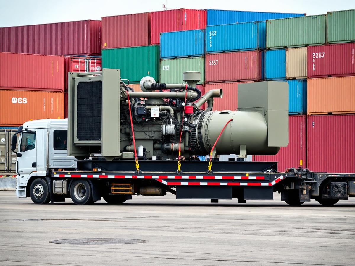 Gerador industrial transportado e amarrado sobre carreta