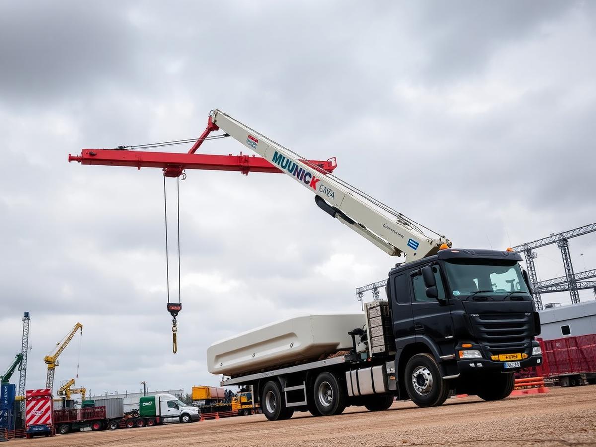 Caminhão equipado com Munck realizando içamento de equipamento